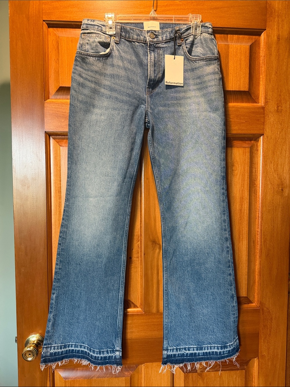 Reformation Medium Blue High-Rise Wide-Leg Jeans with Frayed Hem